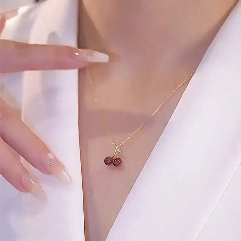 Wine Red Cherry Pendant Necklace For Women With Golden Chain Fashion Jewelry Party Wear Birthday Gift