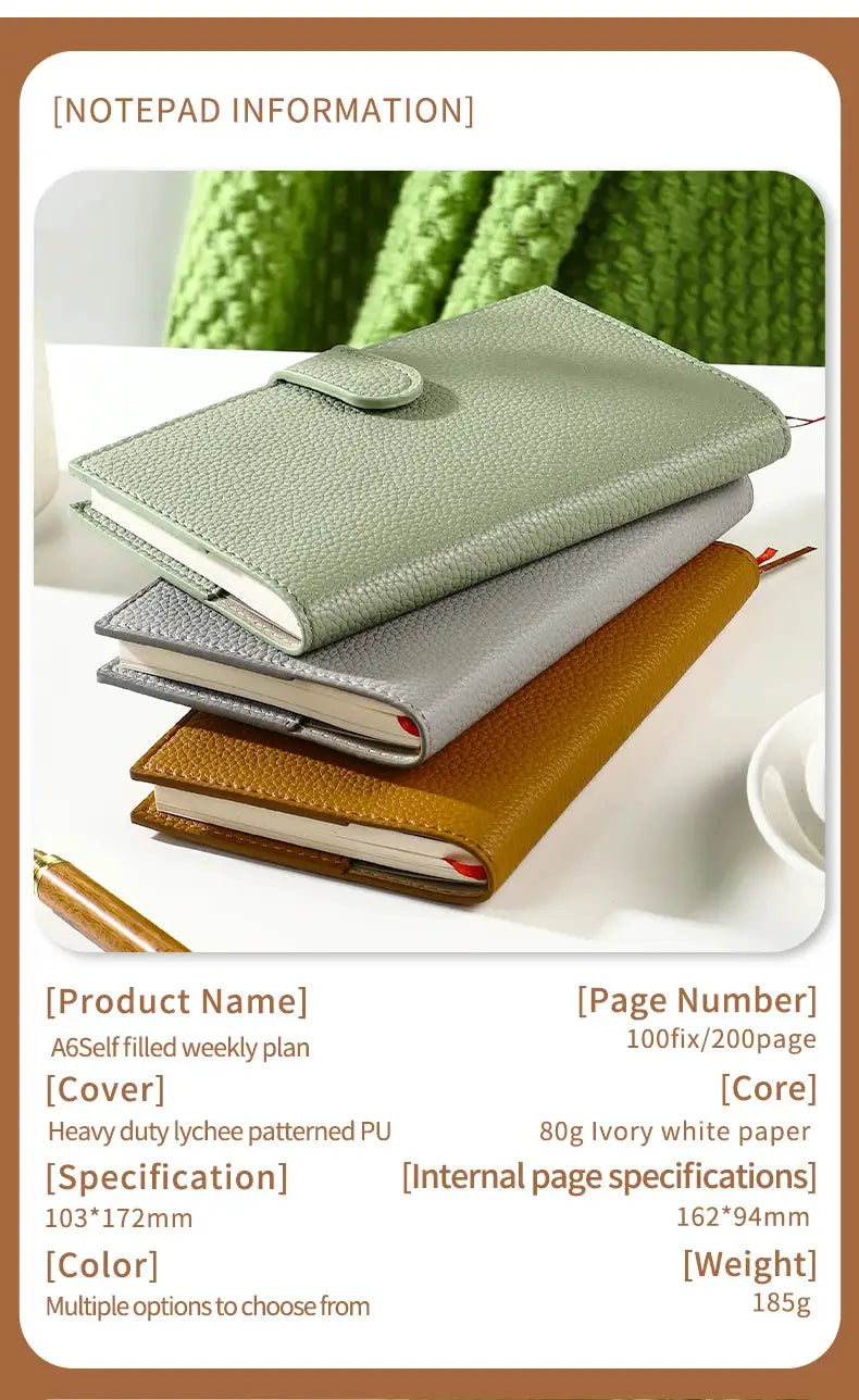 A6 Weekly Planner Notebook by Simples Market with compact leather cover; three-piece stack in green, gray, and tan.