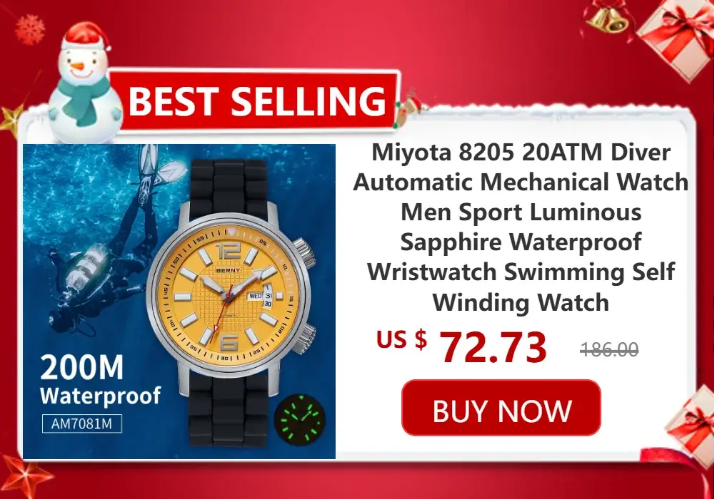 BERNY men's wristwatch with yellow dial, black strap, automatic mechanical movement, 200M water resistant