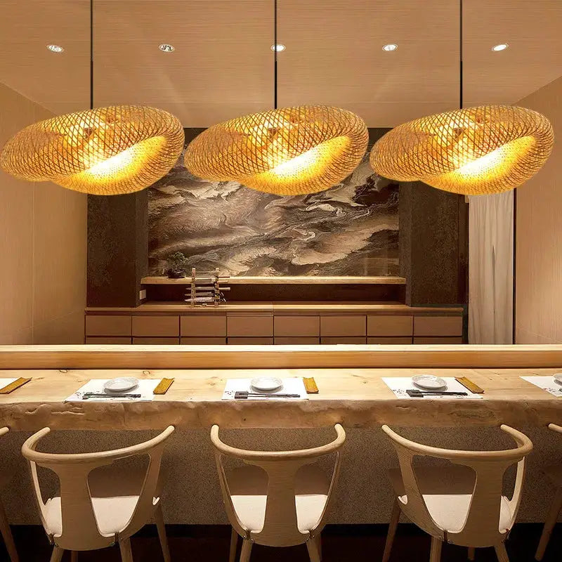 Handmade Vintage Bamboo Weaving LED Pendant Light Chandelier Living Room Kitchen Rattan Woven Lamp