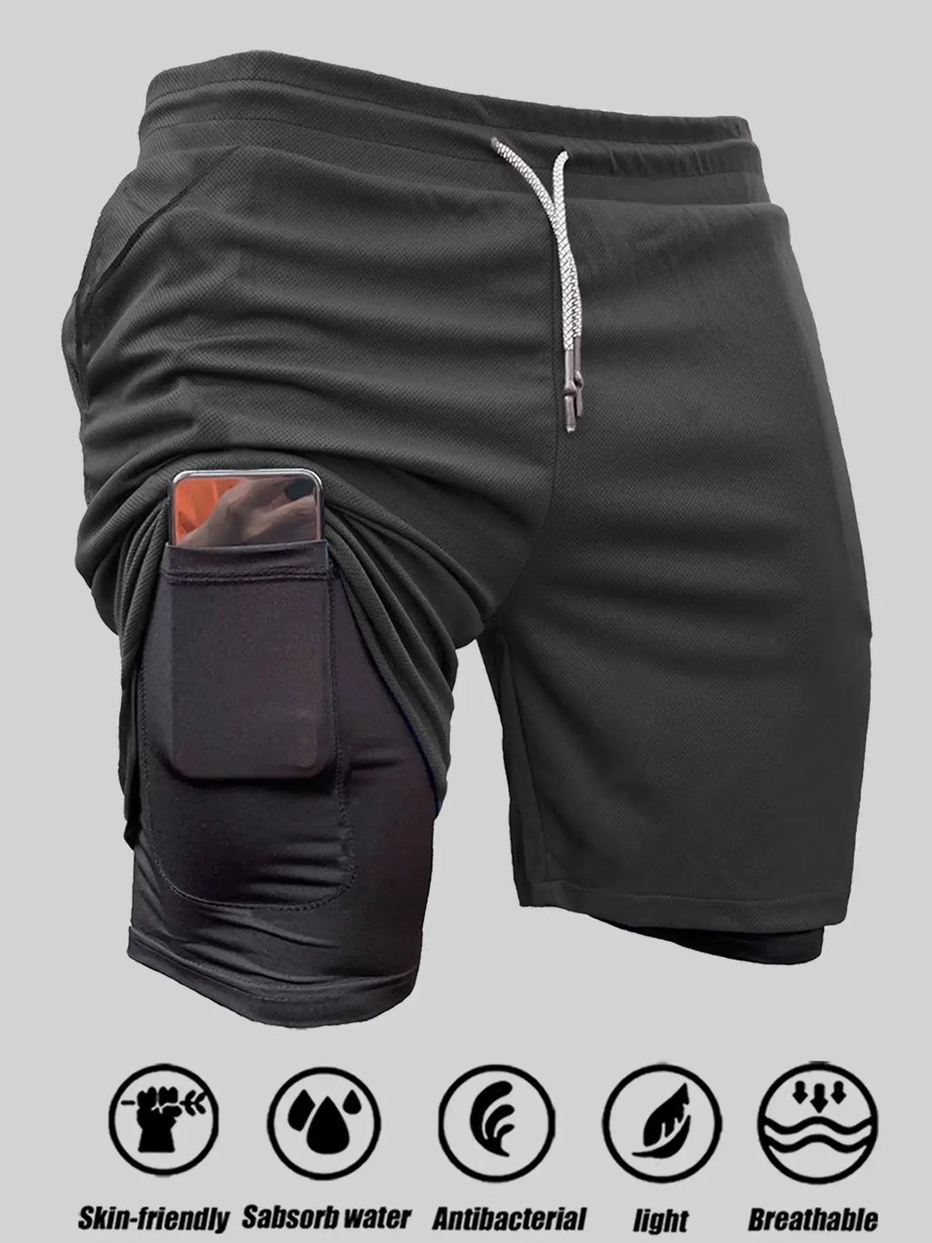 Men's double-layer 2-in-1 quick-dry breathable sports shorts by Simples Market, black with zip pocket