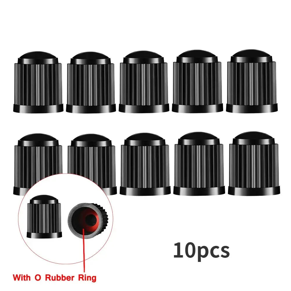 Car tyre valve caps set, 10pcs, black ridged caps with rubber O-ring