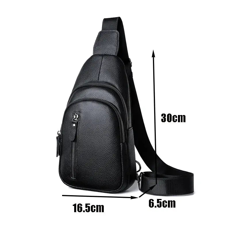Black genuine leather men's chest bag with crossbody strap, 30cm tall, 16.5cm wide, 6.5cm deep