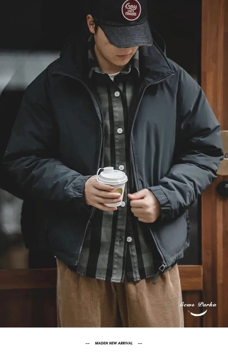 Simples Market Maden hooded down jacket for men, black matte-glossy parka outerwear.