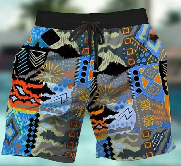 Board shorts with multicolor abstract print and quick-dry fabric for beachwear.