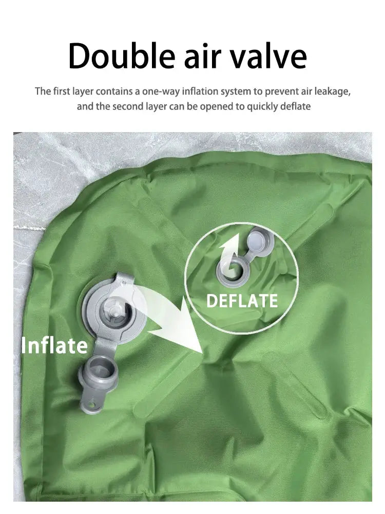 Green outdoor camping double inflatable sleeping pad with dual air valves for inflating and deflating.