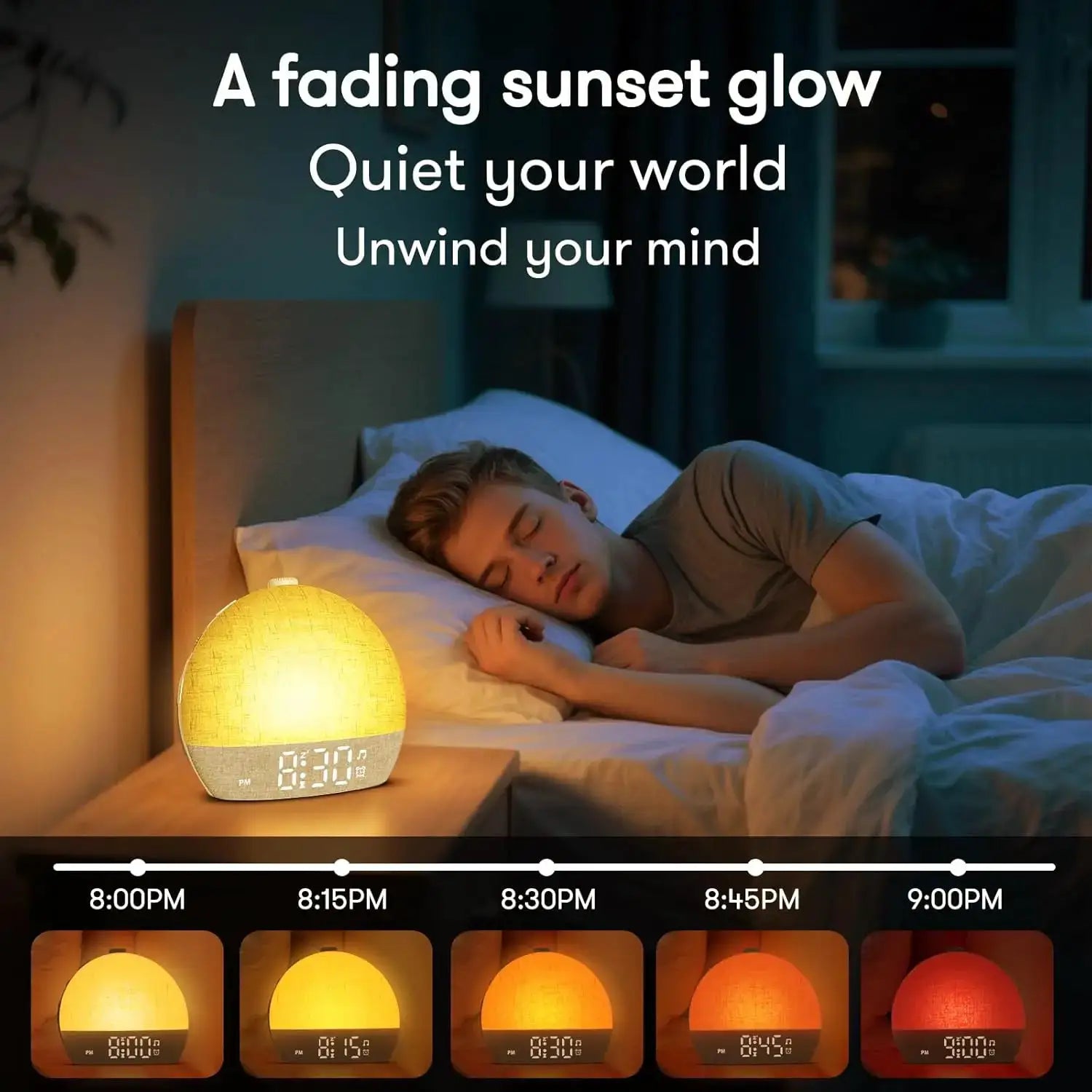 Wake Up Light Sunrise Alarm Clock with white noise, dimmable RGB night lights on bedside table