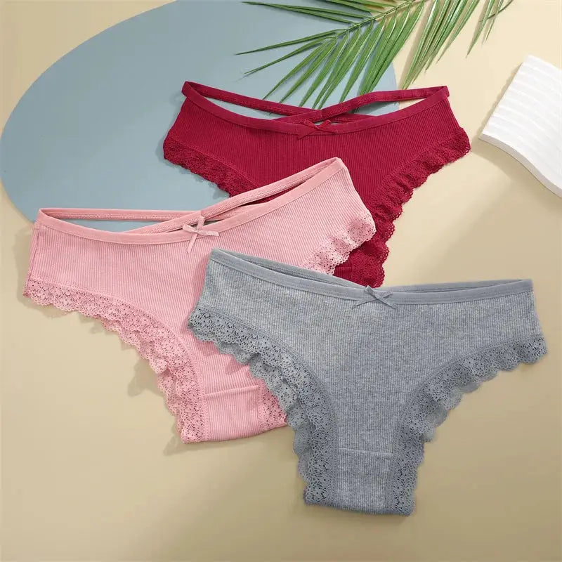 3-pack women's cotton lace-trim briefs in burgundy, pink, and gray; soft, comfortable underwear