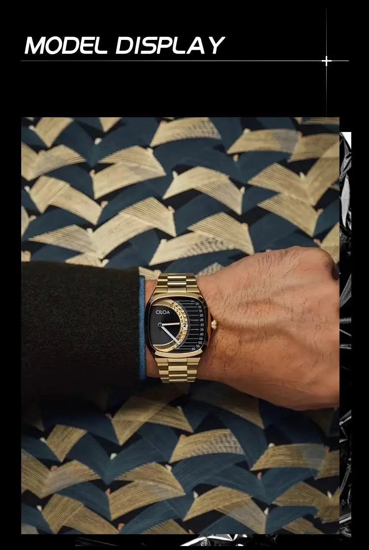 CILOA retro square men's watch with a gold-tone stainless steel bracelet on the wrist, black dial