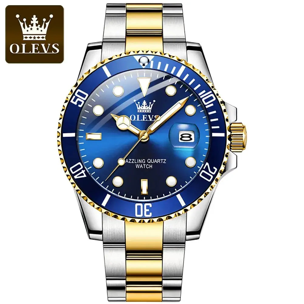 OLEVS Top Original Men Quartz Watch With Stainless Steel Band Green Dial Luminous Hands Water Resistant Luxury Timepiece