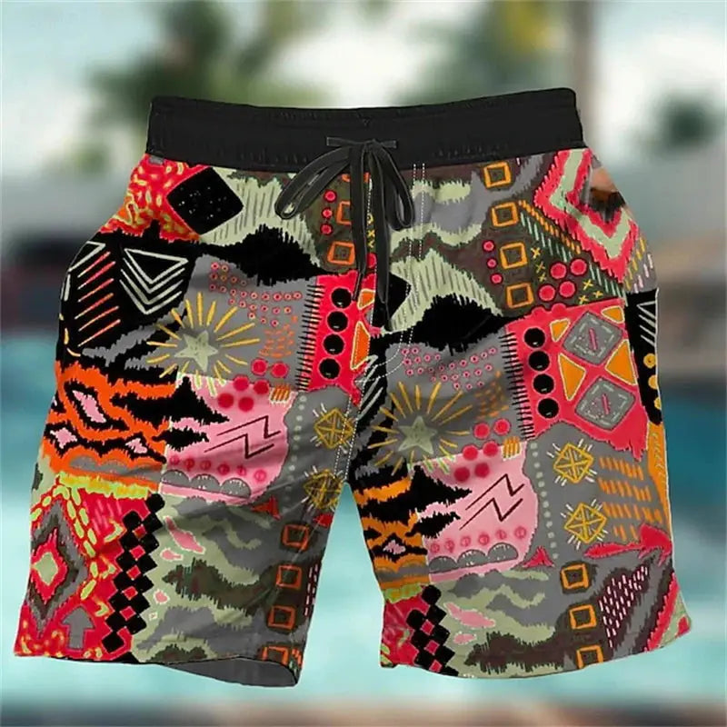 Men's board shorts with 3D graffiti print in multicolor pattern, black drawstring waist, Simples Market.