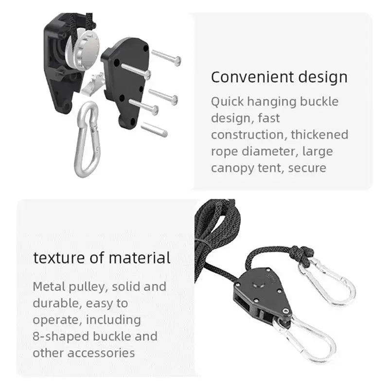Simples Market 4-pack adjustable 8-inch wind rope lanyard with metal pulley and carabiners for tent, fan, or grow light hanging