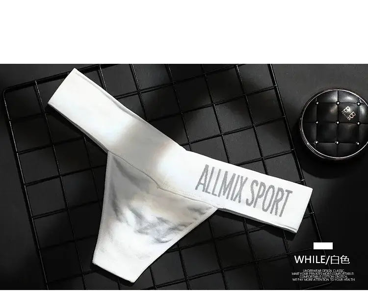 White thong underwear with a wide elastic waistband featuring Allmix Sport branding.