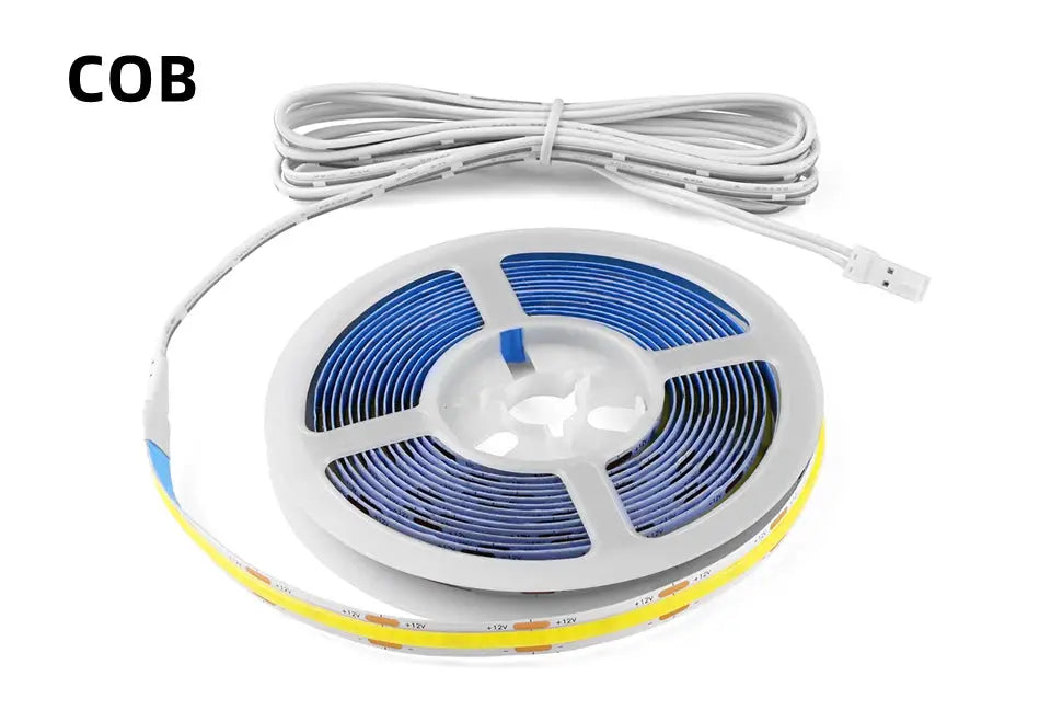 COB LED strip light reel, high-density blue LED tape, 12V DC, flexible for closet shelves