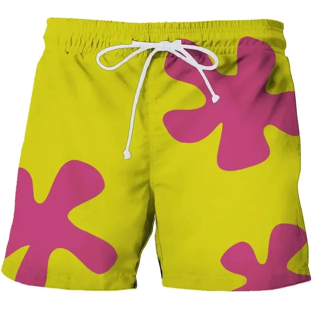 Board shorts; bright yellow with pink abstract prints, white drawstring, quick-dry beach swim trunks.