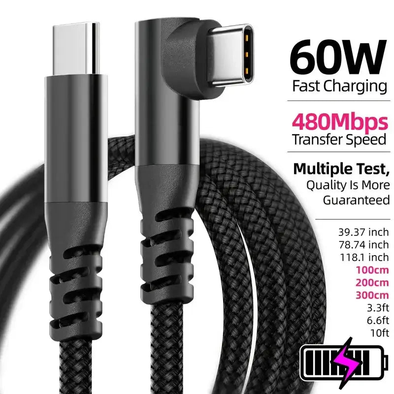 USB-C braided charging cable, 60W PD fast charge, black nylon, USB-C to USB-C