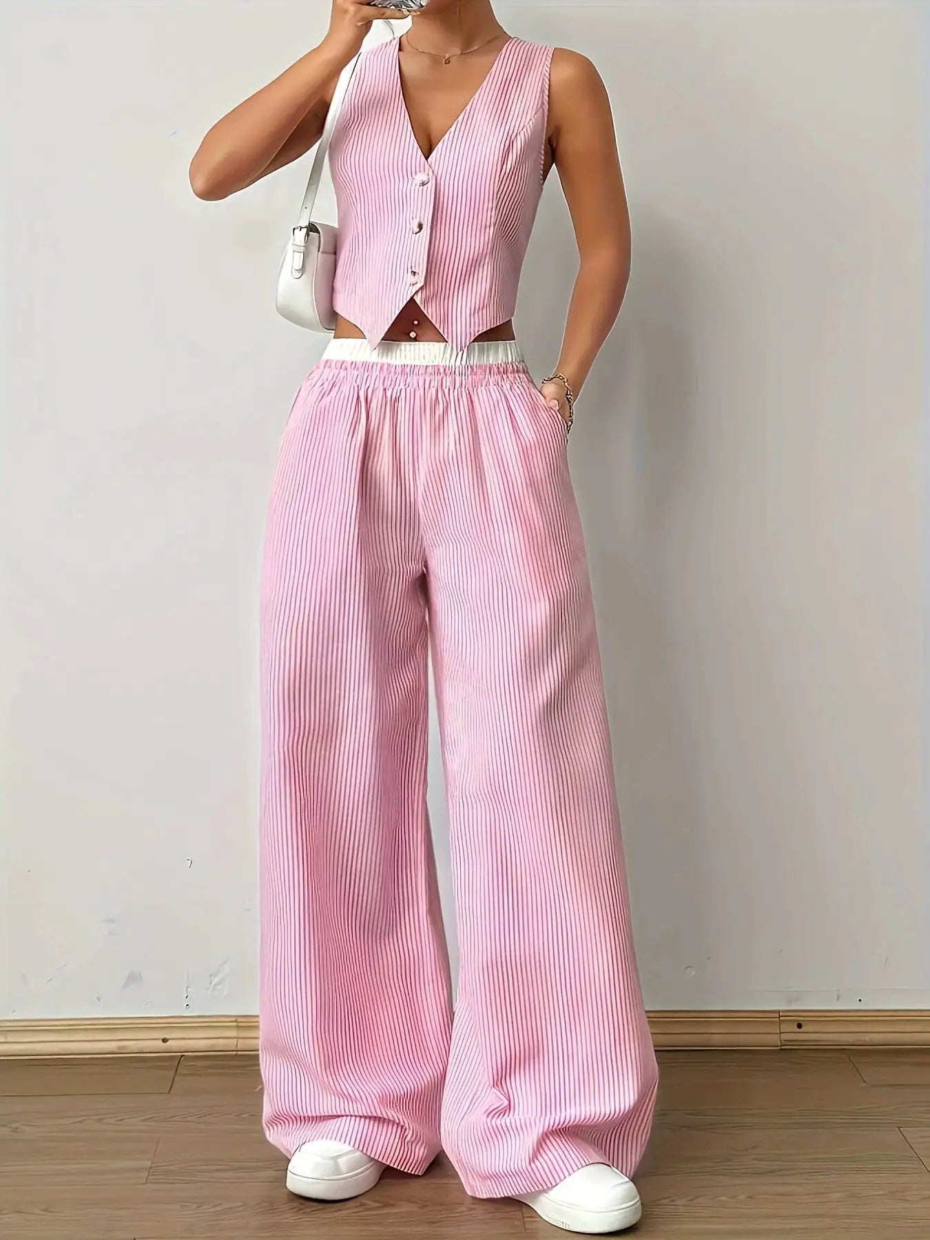 2025 Striped Sleeveless V Neck Vest and Color Wide Leg Pants Set