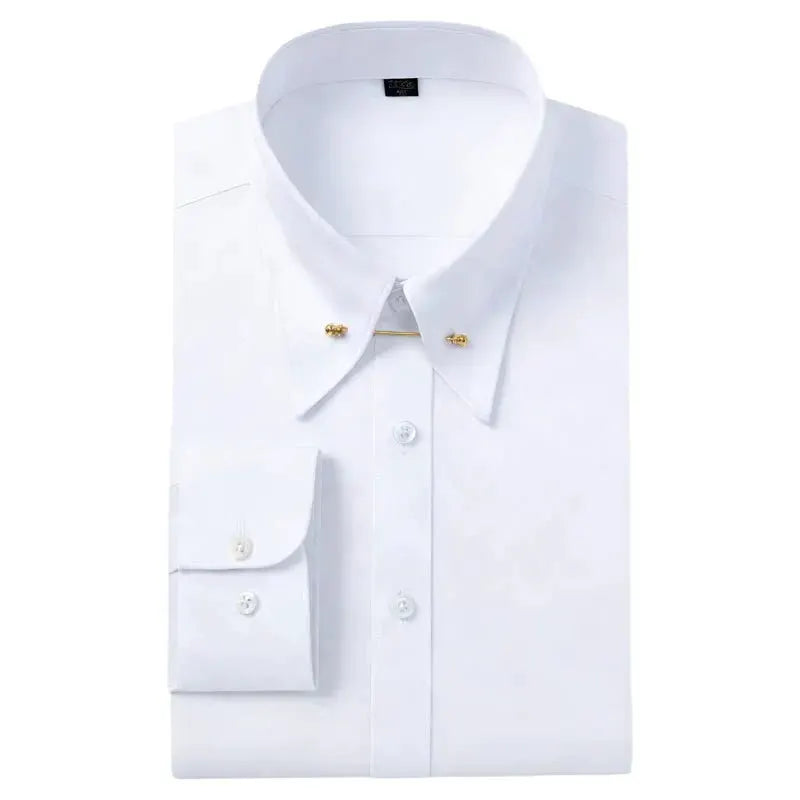 White dress shirt with gold collar pins, folded long-sleeve business formal shirt