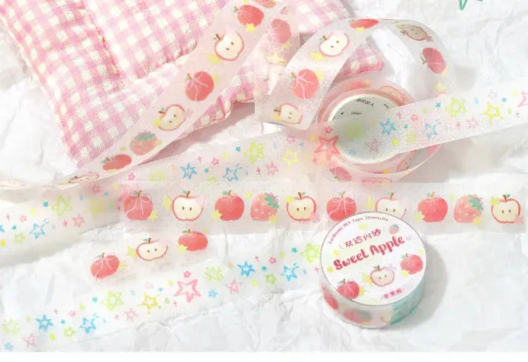 Washi tape roll Sweet Apple design by Simples Market; pink apple pattern with pastel stars.