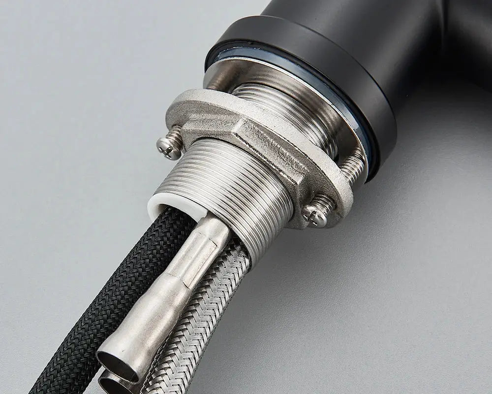 Rozin black pull-out gourmet kitchen faucet with braided hoses and metal connector