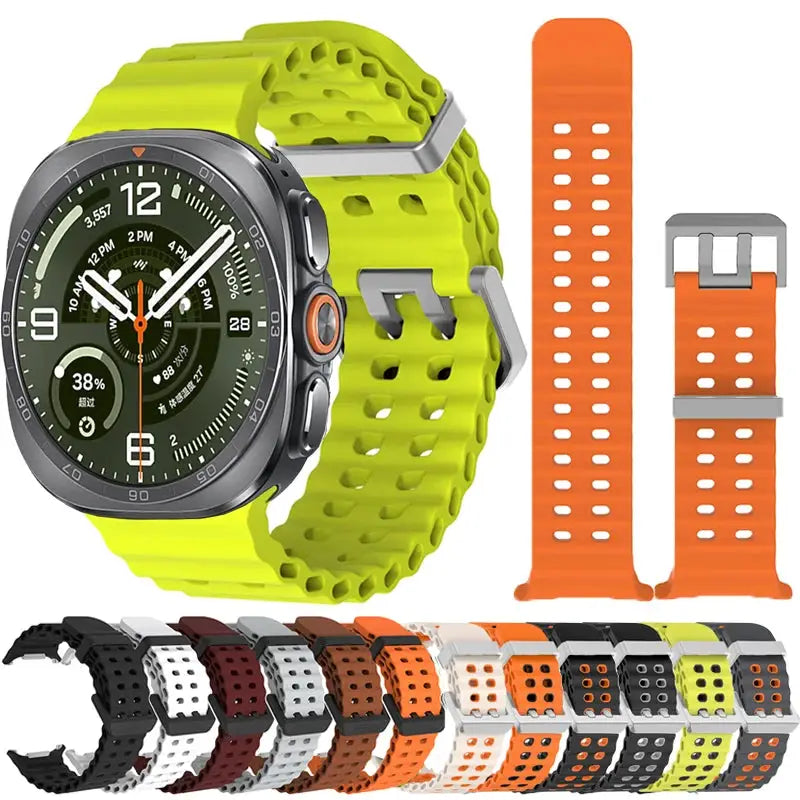 Simples Market Marine Band silicone strap for Samsung Galaxy Watch Ultra 47mm; lime green with orange spare and colors