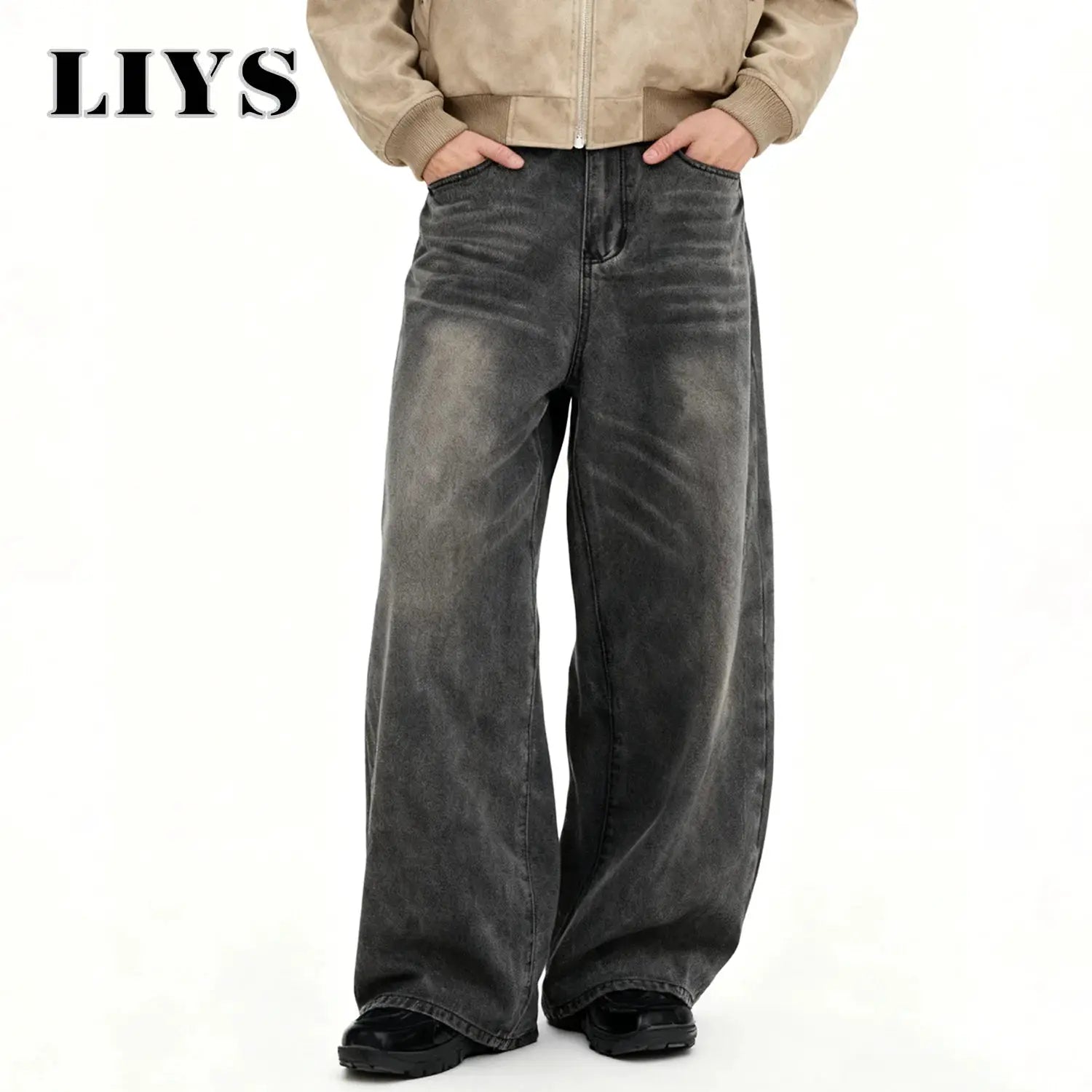 Men's gray baggy wide-leg denim jeans, LIYS logo visible.
