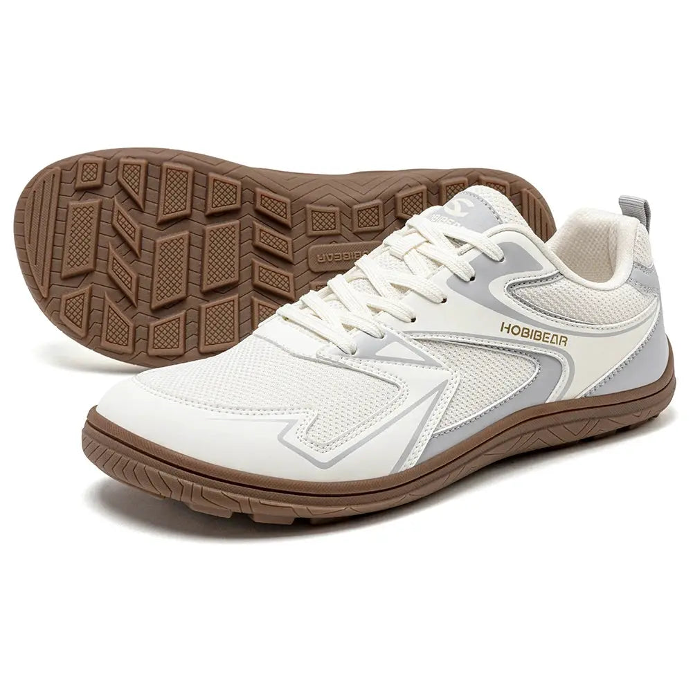HOBIBEAR barefoot minimalist sneakers, white mesh upper with gray details and brown non-slip outsole.