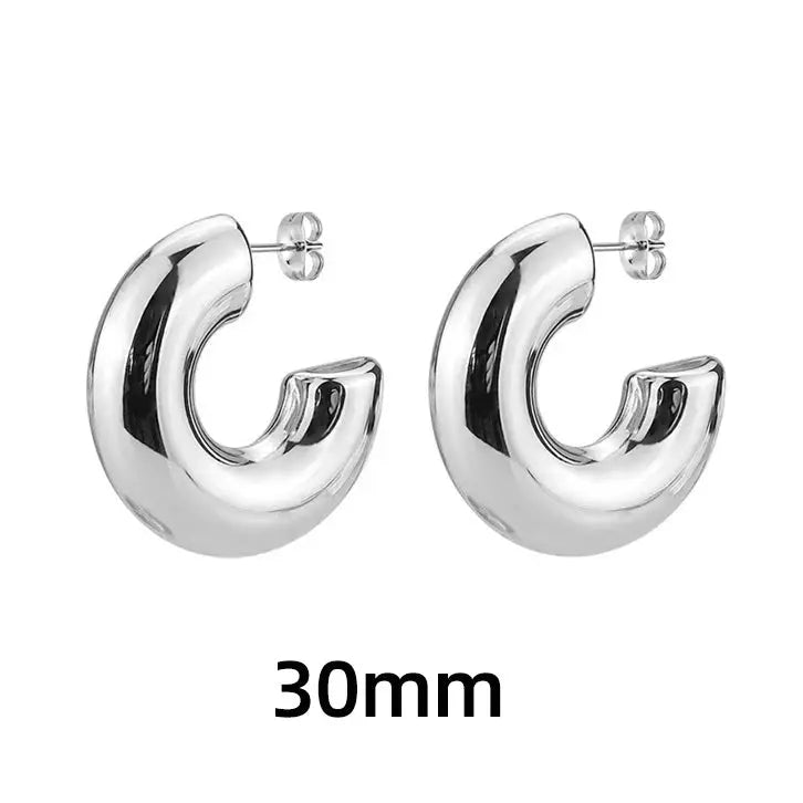 Simples Market 30mm silver chunky hoop earrings, stainless steel C-shape design, pair
