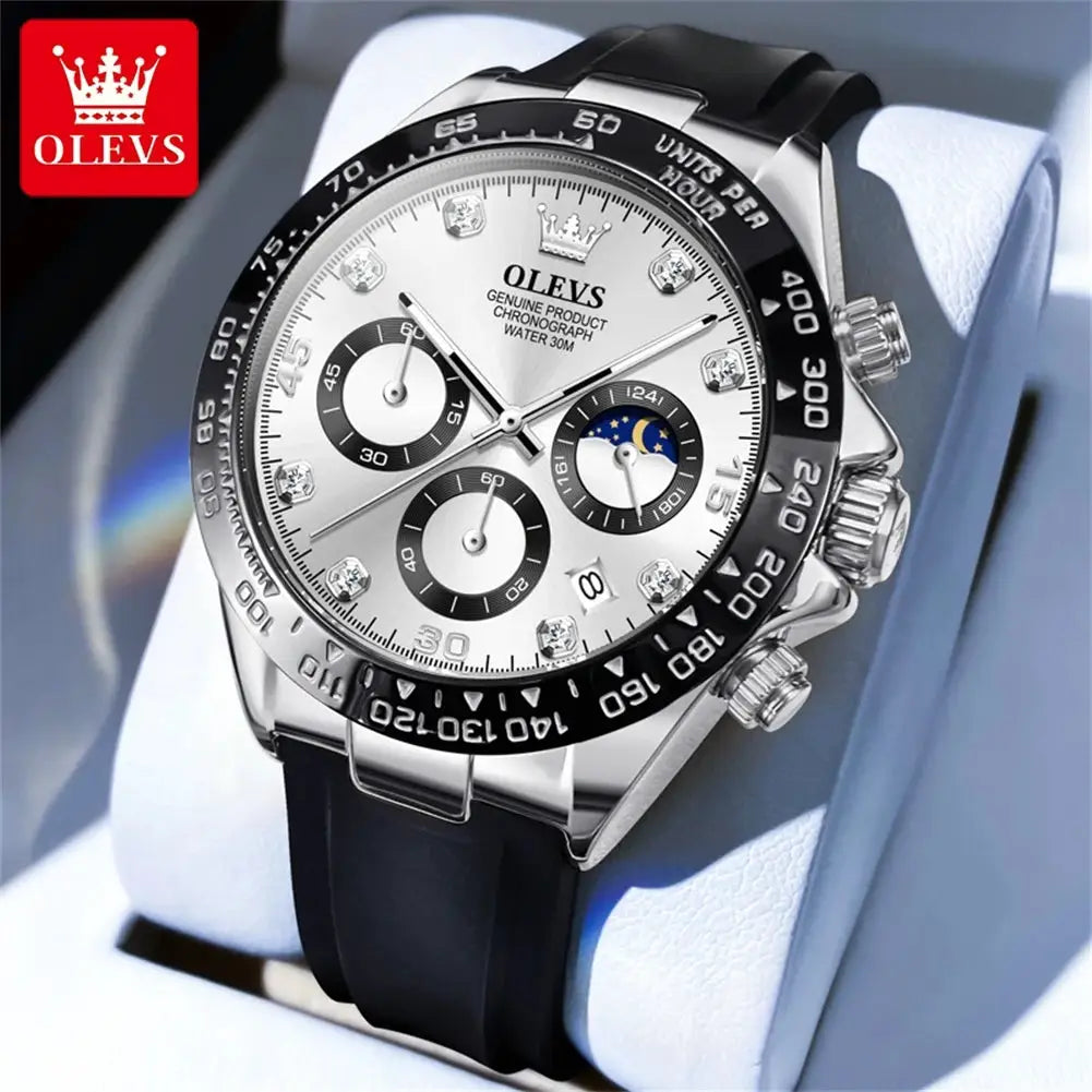 OLEVS men's chronograph watch with silicone strap, silver dial and moon phase
