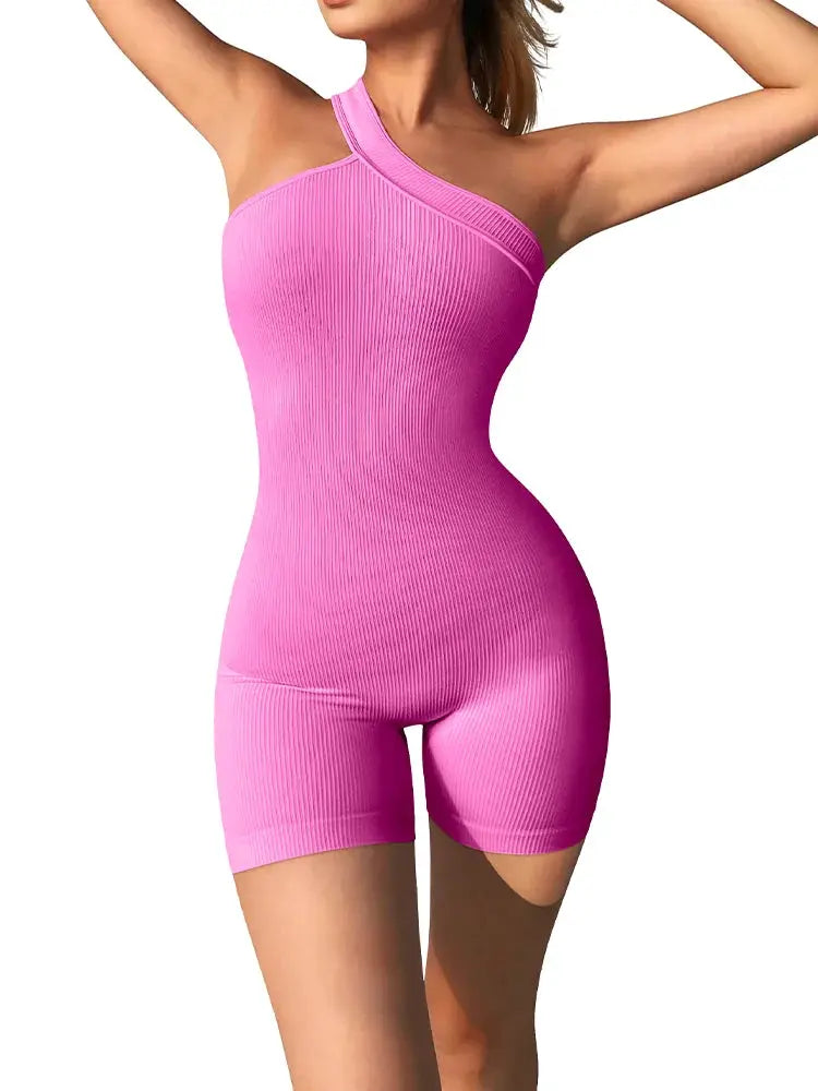 Simples Market pink ribbed one-piece yoga romper with asymmetric shoulder strap