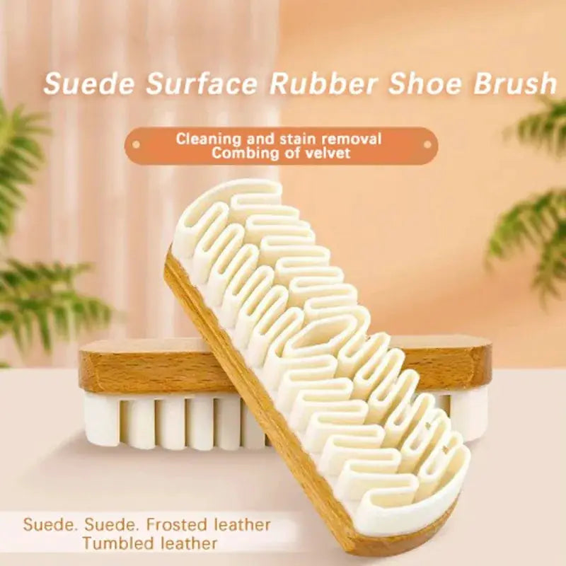 Suede cleaning brushes by Simples Market; two wood-handled shoe and bag cleaners with white rubber bristles.