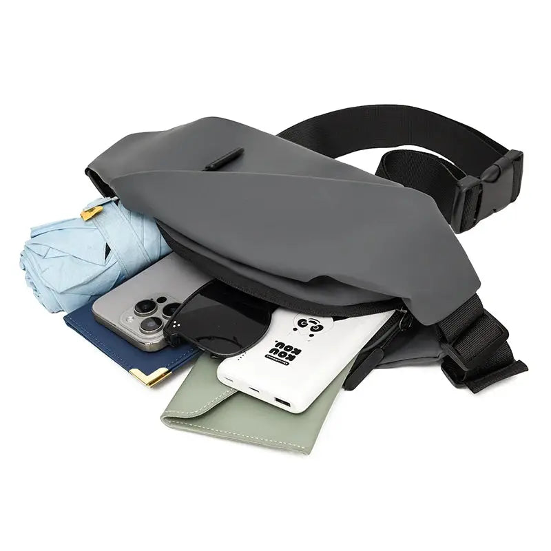 Waist bag for men Simples Market grey waterproof minimalist outdoor crossbody with 3 items: phone, sunglasses and wallet