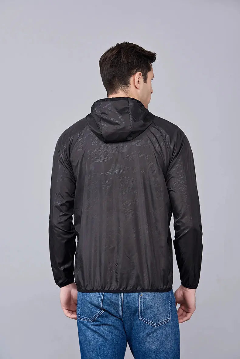 Unisex JNLN hiking jacket, black waterproof windbreaker with hood for camping and trekking