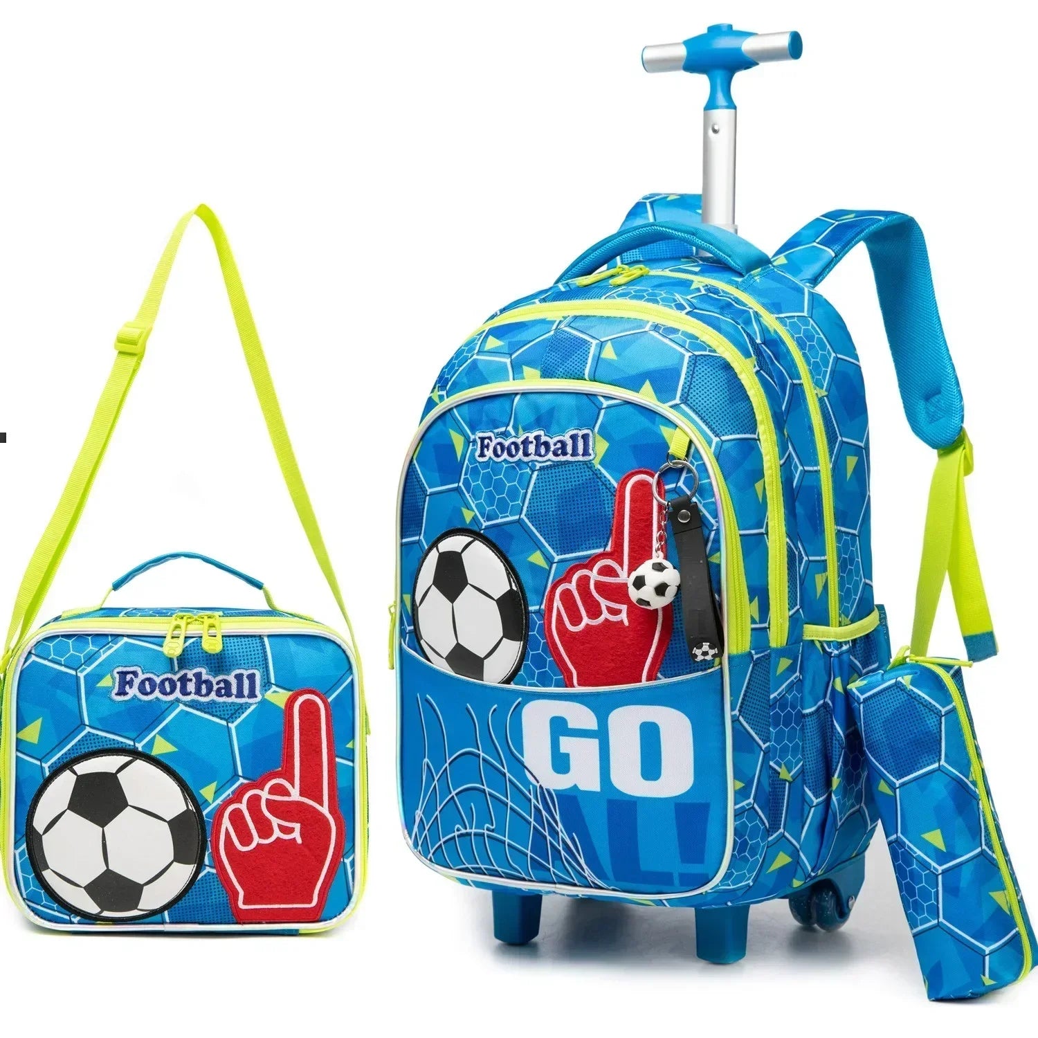 Children's wheeled backpack set in blue football print with matching lunch box and neon yellow accents