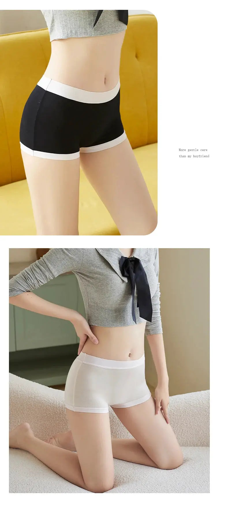 BANNIROU mid-rise seamless women's boyshort underwear; black with white trim and white with white trim, 2 colorways