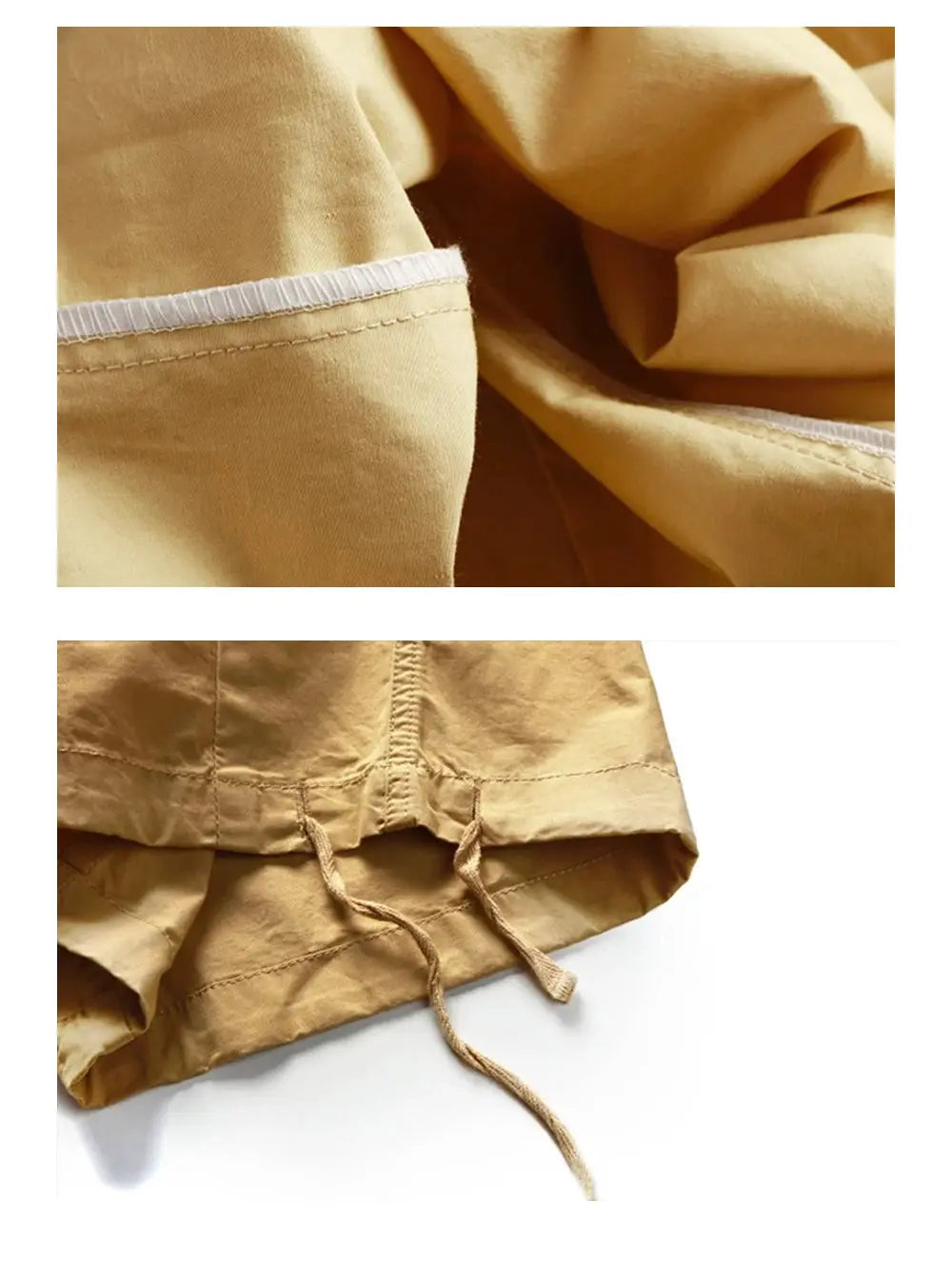 Beige oversized cargo pants with drawstring hem and visible stitching.