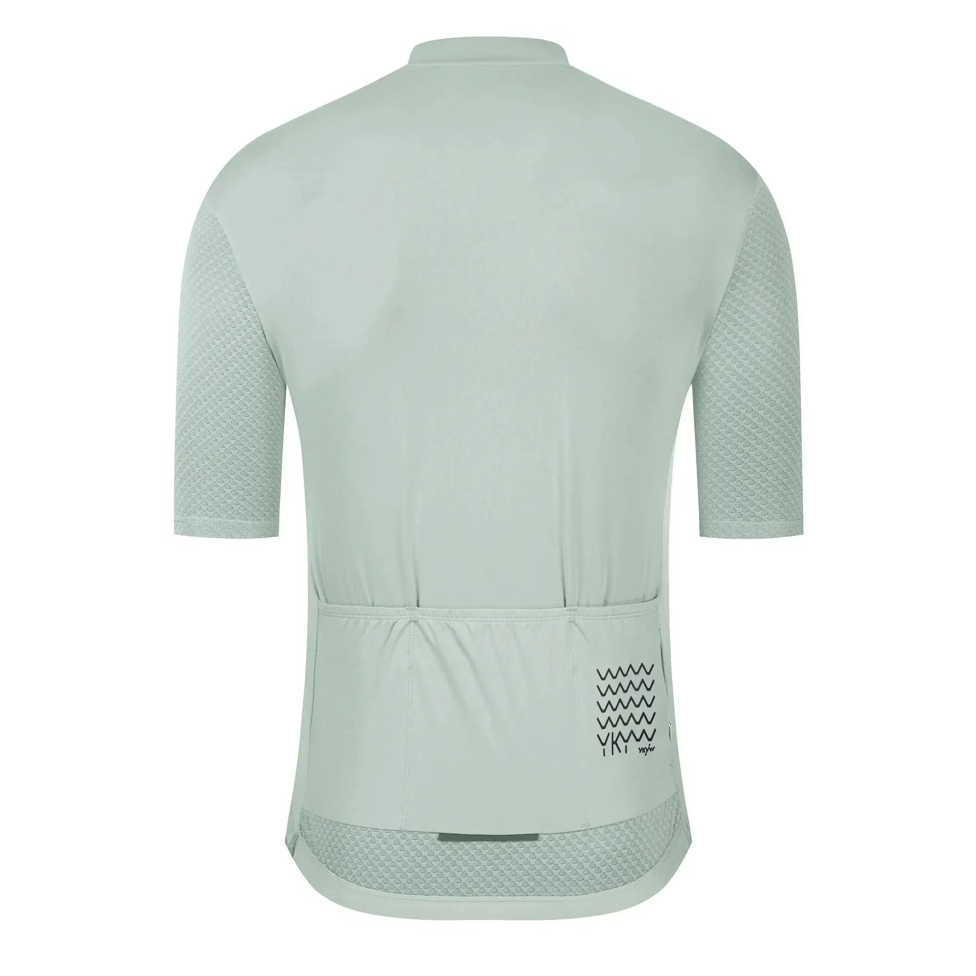 Men's short-sleeve cycling jersey by Simples Market, mint green with textured mesh sleeves and breathable back panel