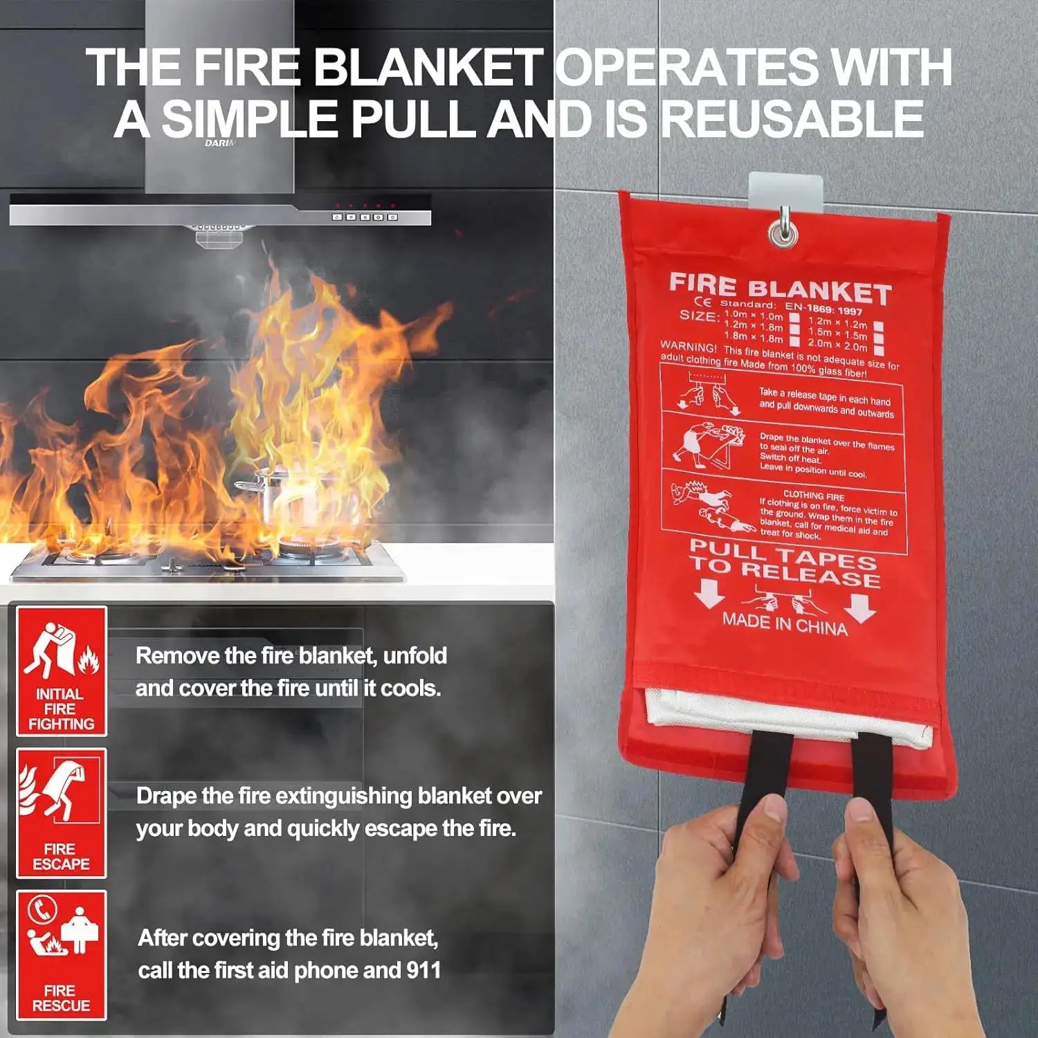 Simples Market red wall-mount fire blanket with pull straps in fiberglass flame-retardant cover