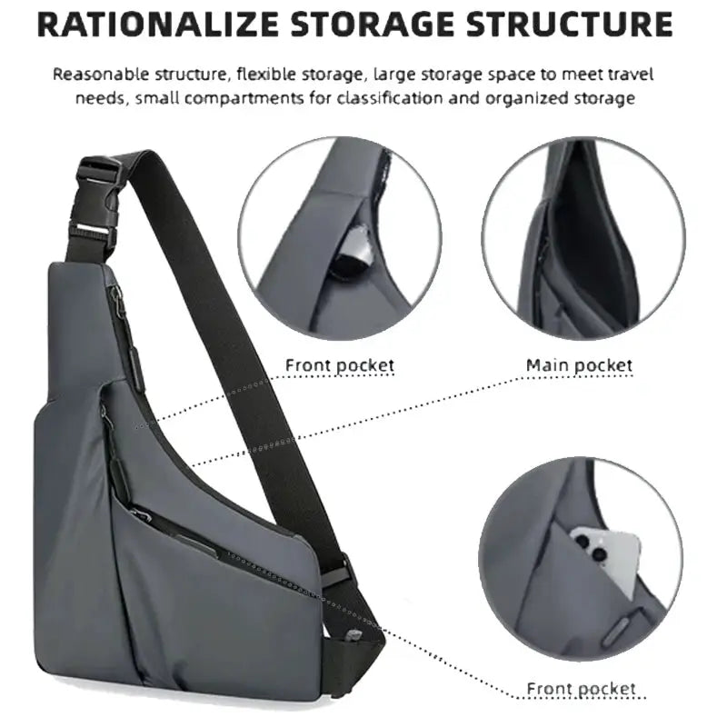 Men's versatile casual chest bag by Simples Market, gray crossbody with multiple pockets.