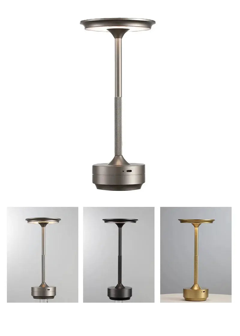 Wireless Simple Decorative Table Lamp by Simples Market; rechargeable touch-dim, 4 finishes: silver, black, bronze, gold.