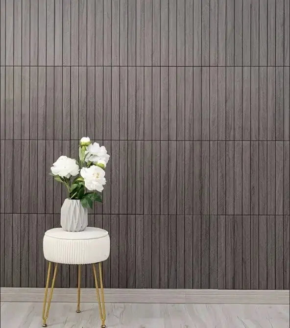 Faux wood grain grille self-adhesive wallpaper in dark brown, peel-and-stick wall panels for home decor.