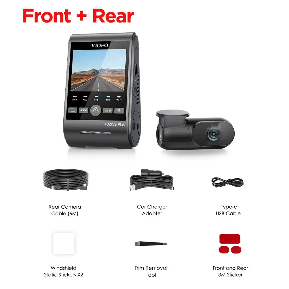 VIOFO A229 Plus dash cam kit with front and rear cameras, 2K HDR, 5GHz Wi‑Fi, GPS, black