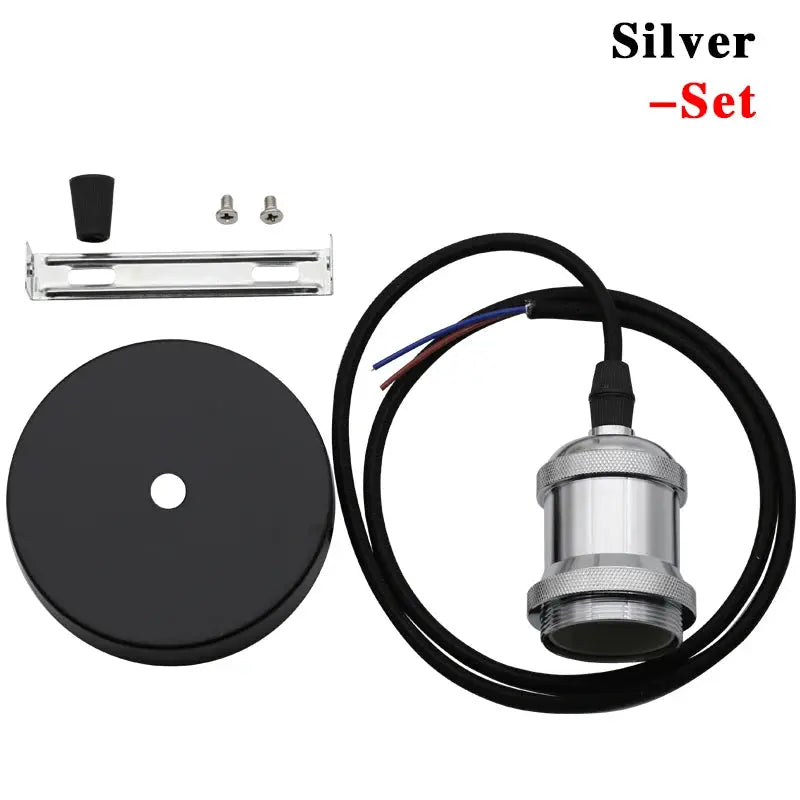 Simples Market aluminum pendant light kit with black canopy, mounting bracket, screws, knob, and E27 lamp holder