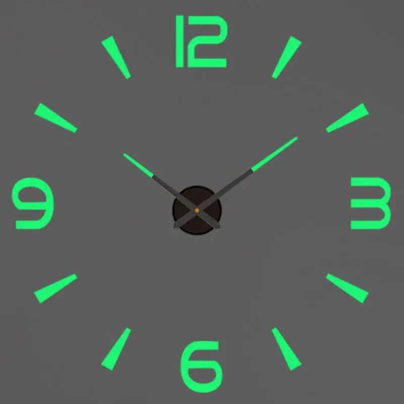 Modern design large wall clock with glowing neon green numerals (12,3,6,9) and minimalist hands