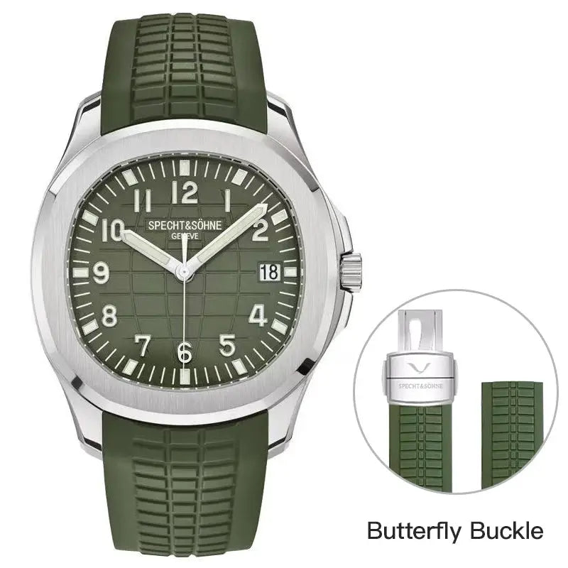 Specht&Söhne green automatic sports watch with luminous dial, date window, rubber strap and butterfly buckle