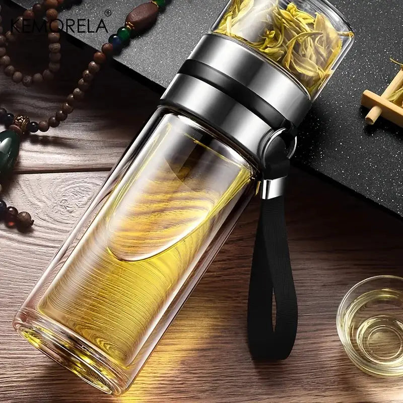KEMORELA Leakproof Glass Tea Infuser Bottle With Double Wall Insulation And Water Separation Compartment 350ml 450ml 500ml