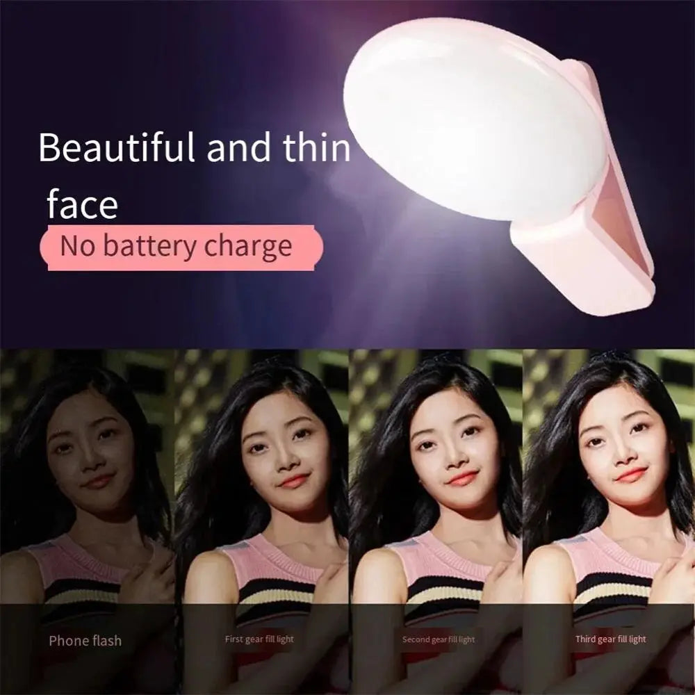 Pink portable LED selfie light for smartphones; adjustable brightness, clip-on design