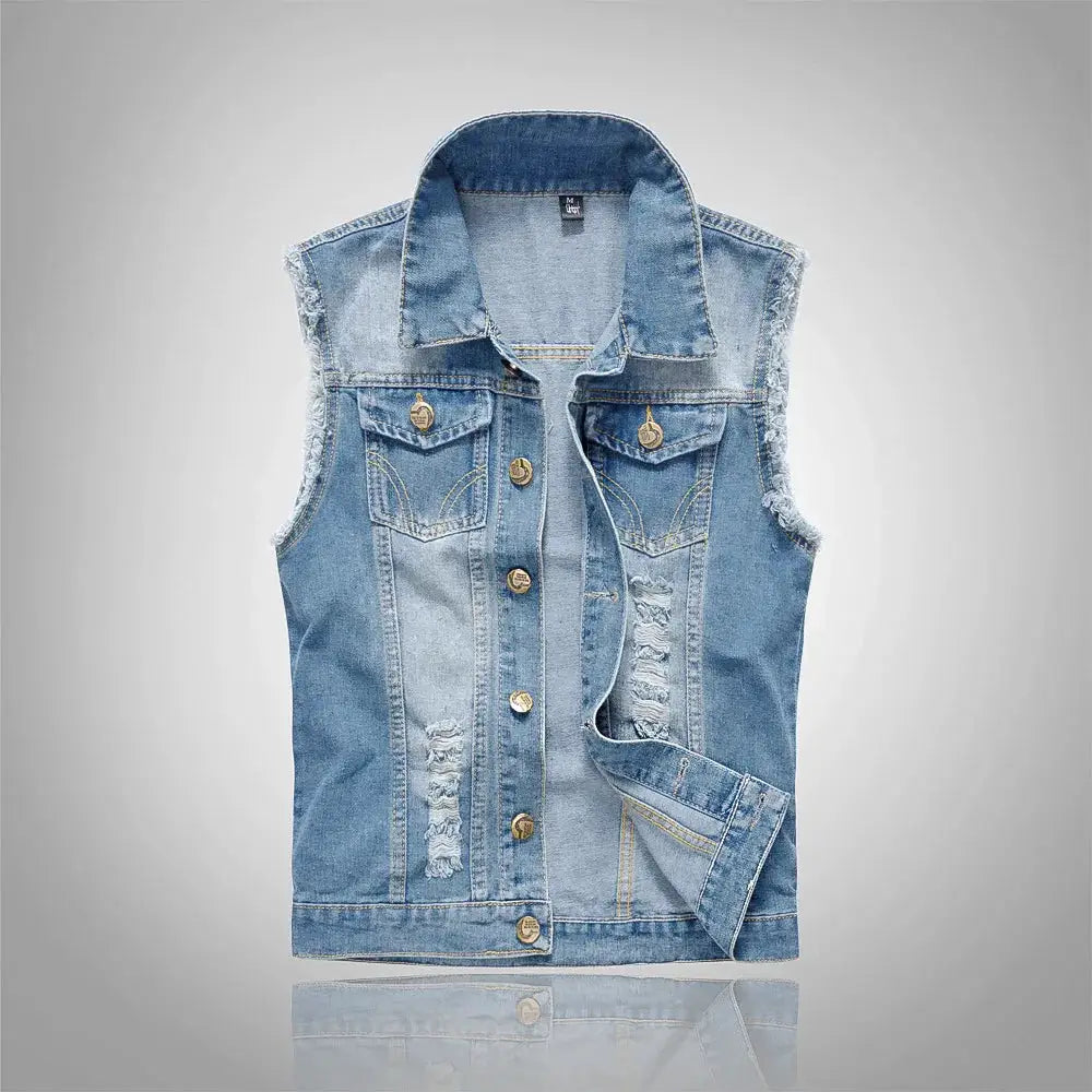Men's blue denim sleeveless vest with distressed patches, button-front, chest pockets