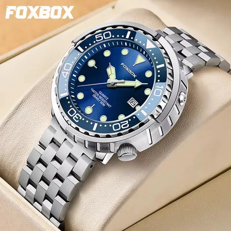 FOXBOXE men's quartz watch with blue dial, stainless steel bracelet and steel bezel, luminous markers, date