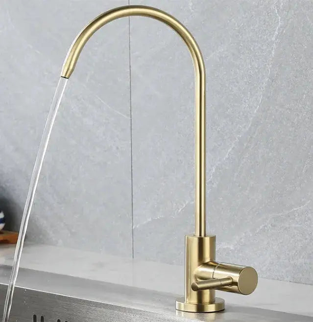 Simples Market 304 stainless steel kitchen water purifier faucet with gold-tone finish, tall arc, single lever